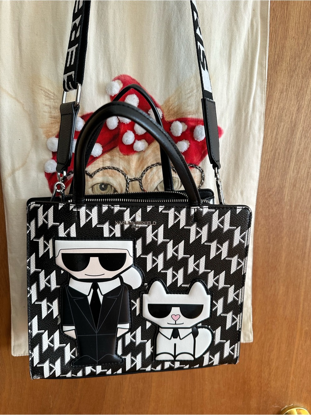 Karl Lagerfeld Black & White Houndstooth Shopper with Character Appliqué